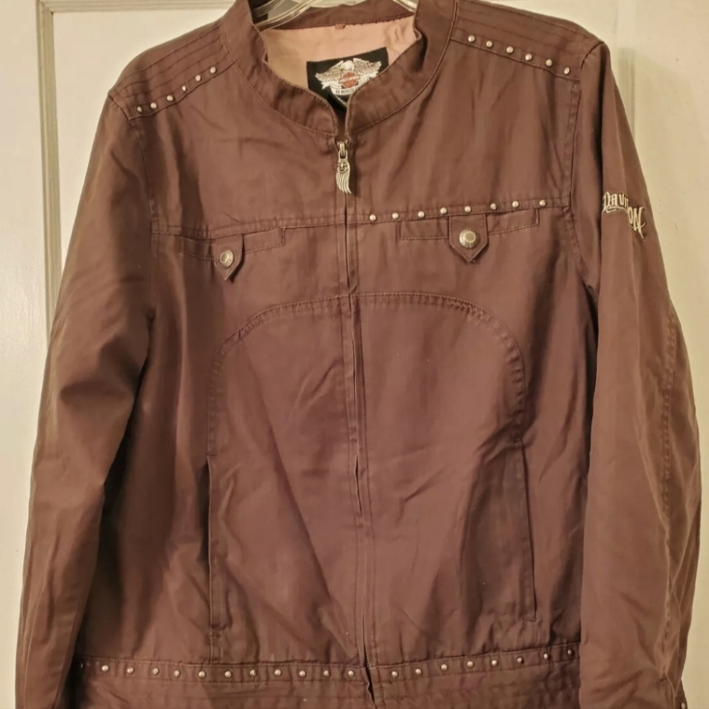 Harley Davidson Size XL Womens logo studded full zip jacket BROWN & PINK